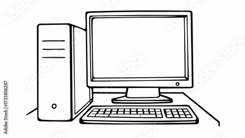 Illustration of a desktop computer setup with a monitor, keyboard, and computer tower unit on a desk created with generated ai 