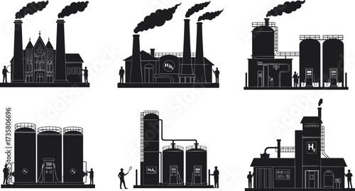 Industrial factory vector illustration, hydrogen plant facility, chemical storage tanks, smoke chimneys, refinery process, workers maintenance, black and white silhouette, energy infrastructure design