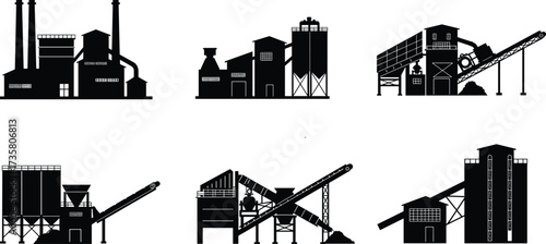 Industrial factory silhouette, processing plant vector, conveyor belt facility, refinery illustration, warehouse architecture, power plant design, smoke chimney, machinery, production, industry