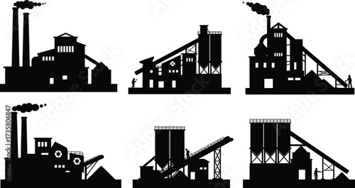 Industrial factory silhouette, manufacturing plant vector, refinery illustration, power plant design, warehouse architecture, construction facility, smoke chimney, machinery, production, industry