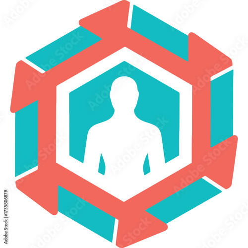 A stylized icon featuring a human silhouette inside a hexagon with arrows rotating around the shape design
