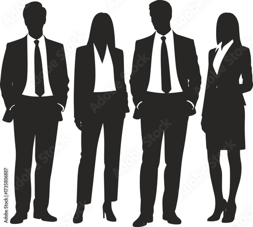 Business team silhouettes, professional group illustration, corporate people in suits, office teamwork concept, leadership vector design, formal business attire presentation