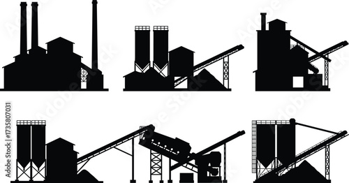 Industrial plant silhouette, factory vector illustration, conveyor belt facility, refinery design, warehouse architecture, power plant drawing, smoke chimney, machinery, production, industry