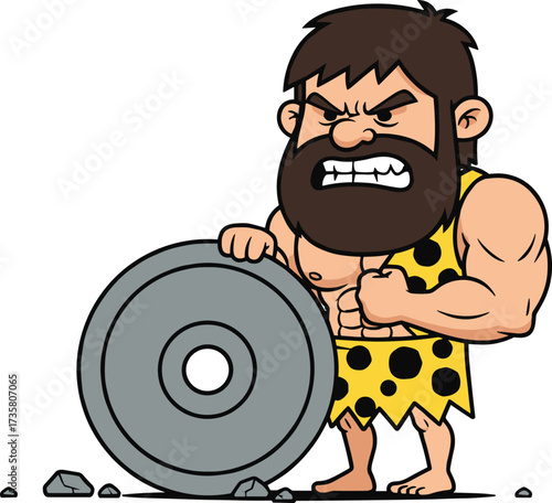 Cartoon angry caveman character, strong primitive man illustration, prehistoric warrior with stone wheel, muscular ancient man artwork, stone age cartoon design