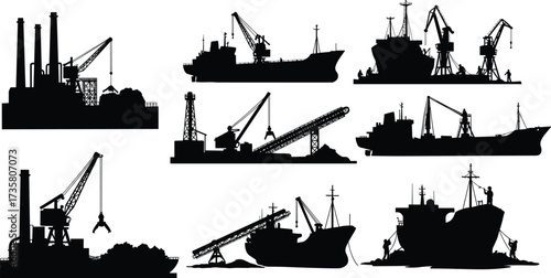 Industrial maritime silhouette, cargo ship vector, oil rig illustration, factory with crane, conveyor belt facility, refinery design, dockyard, machinery, shipping, industry