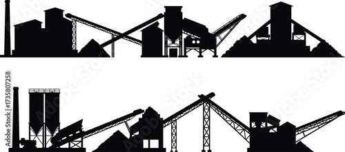 Mining facility silhouette, conveyor belt plant, industrial factory vector, material processing design, refinery illustration, warehouse architecture, smoke chimney, machinery, production, industry