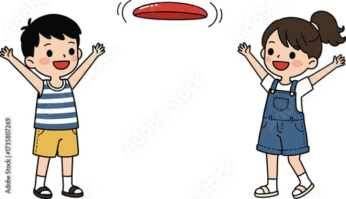 Cartoon boy and girl playing with flying disc, cute children having fun outdoor activity, summer kids illustration enjoying happy game together