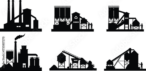 Industrial building silhouette, factory vector illustration, recycling plant design, conveyor system facility, warehouse architecture, refinery drawing, power plant, machinery, smoke chimney, industry