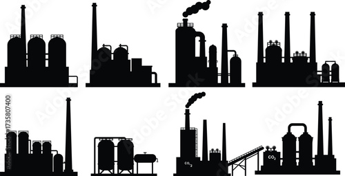 Black silhouette industrial factories vector set, CO₂ emission plants, chimneys with smoke, storage tanks, urban industry buildings, environmental impact illustration, climate change design