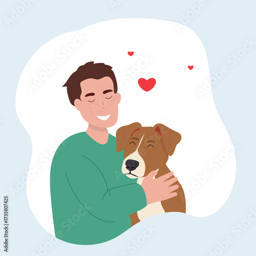 Young man with cute dog portrait. Happy Pet and owner spending time together. vector illustration