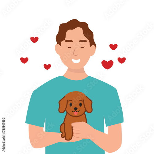 Young man with cute dog portrait. Happy Pet and owner spending time together. vector illustration