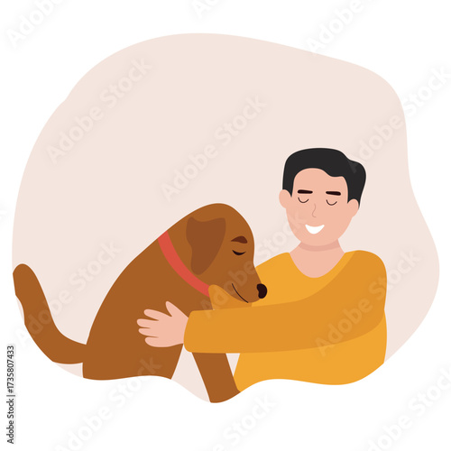 Young man with cute dog portrait. Happy Pet and owner spending time together. vector illustration