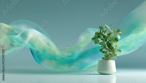 A dynamic, ethereal scene showcases a delicate potted plant, set against a backdrop of flowing, translucent teal and mint-colored fabrics.