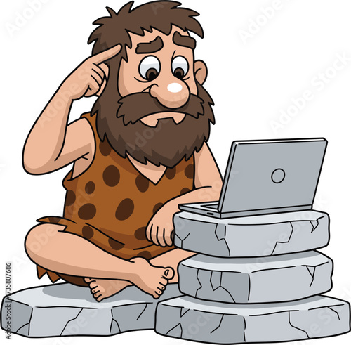 Cartoon caveman using laptop, prehistoric man illustration, funny stone age character, confused technology concept, ancient humor artwork, digital thinking, vector design
