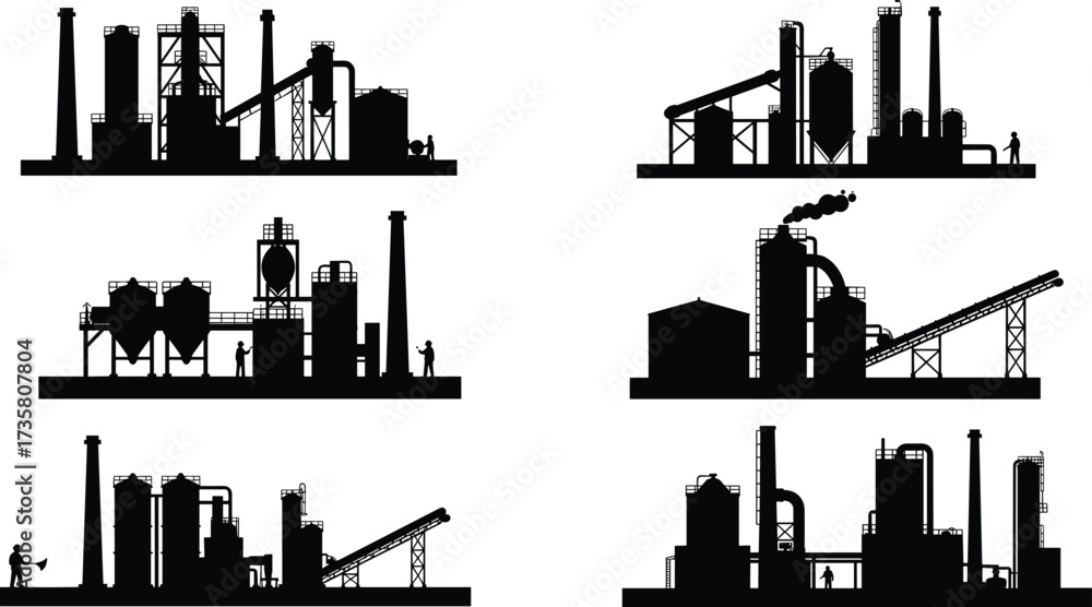 Obraz premium Black silhouette industrial factories vector set, chimneys with smoke, storage tanks, conveyors, machinery, human workers, chemical plant, urban industry, environmental impact illustration