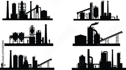 Black silhouette industrial factories vector set, chimneys with smoke, storage tanks, conveyors, machinery, human workers, chemical plant, urban industry, environmental impact illustration