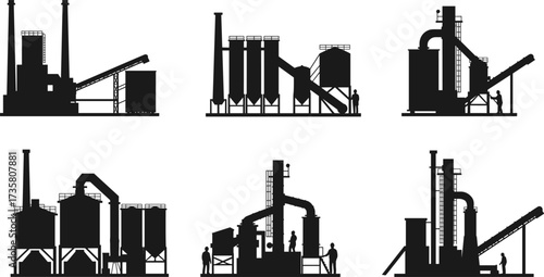 Black silhouette industrial factories vector set, chimneys with smoke, storage tanks, conveyor belts, machinery, chemical plant, urban industry, environmental impact, climate change illustration