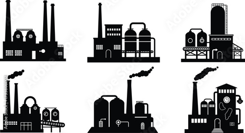 Black silhouette industrial factories vector set, chimneys with smoke, storage tanks, piping systems, chemical plant, oil refinery, urban industry, environmental impact illustration