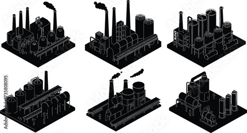 Isometric industrial factories vector set, chimneys with smoke, storage tanks, piping systems, oil refinery, chemical plant, urban industry, environmental impact, climate change illustration