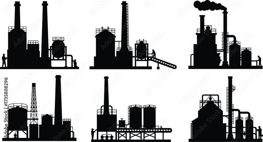 Obraz premium Industrial facility silhouette vector illustration, oil refinery plant icons, chemical processing factory structures, power generation units, black and white industrial design