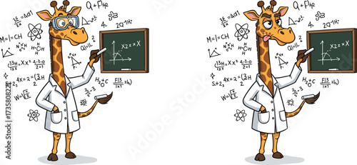 Cartoon giraffe scientist wearing lab coat, teaching math equations, funny animal professor illustration, chalkboard drawing, science education, educational character design for children