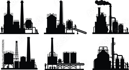 Industrial facility silhouette vector illustration, oil refinery plant icons, chemical processing factory structures, power generation units, black and white industrial design