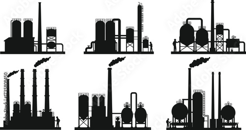 Industrial factory silhouette vector illustration, chemical plant refinery icons, oil and gas processing facility structures, power generation units, black and white industrial design