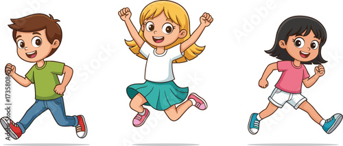 Cartoon happy kids running, cheerful children illustration, smiling boy and girls, playful character artwork, fun activity drawing, energetic childhood vector design