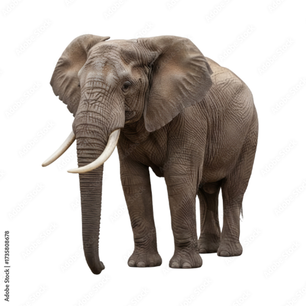 Fototapeta premium A majestic African elephant with large ears and long tusks stands isolated on a white background.
