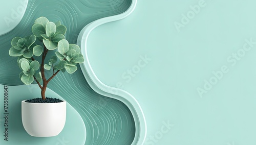 A decorative miniature tree in a white pot, set against a backdrop of soft mint-green layered shapes, exuding a serene and minimalist aesthetic.