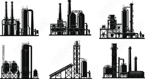 Industrial plant silhouette vector illustration, chemical refinery factory icons, oil and gas processing facility, energy production infrastructure, black and white design