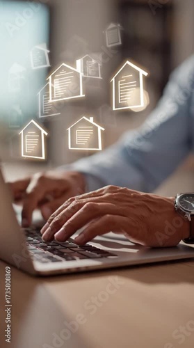 A persons hands actively typing on a laptop, with luminous digital representations of houses hovering in the air, symbolizing digital real estate and online property transactions