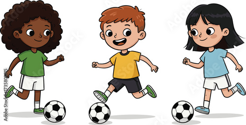 Cartoon kids playing soccer, children kicking football, happy boys and girls sports activity, teamwork illustration, outdoor game, youth sport fun