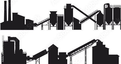 Industrial facility silhouette, factory building, processing plant, conveyor system, refinery structure, silo storage