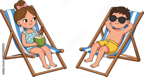 Cartoon kids relaxing on beach chairs, summer holiday illustration with girl drinking coconut and boy wearing sunglasses, tropical vacation vector