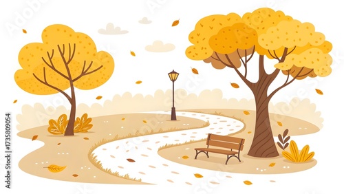 Winding park path with a bench and street lamp, surrounded by trees with yellow autumn foliage.

