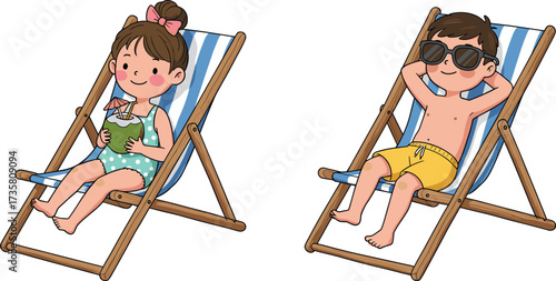 Cartoon kids relaxing on beach chairs, summer vacation illustration with boy in sunglasses and girl drinking coconut, holiday vector
