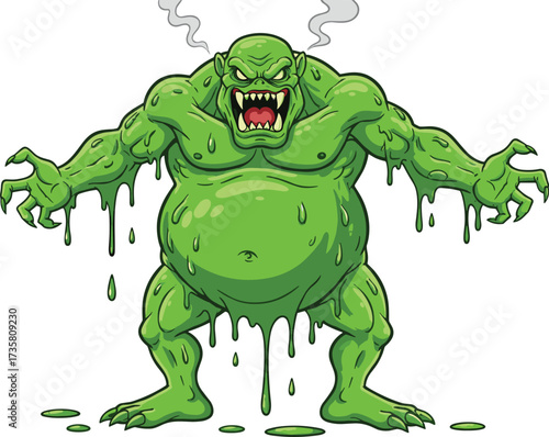 Cartoon scary green monster, slime creature dripping goo, horror beast illustration, fantasy character design, creepy villain artwork, spooky slime dripping monster