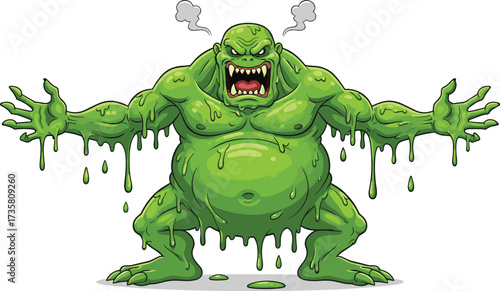 Cartoon scary green slime monster, horror creature dripping goo, fantasy villain illustration, spooky beast design, creepy evil slime dripping character artwork