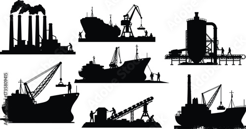 Industrial factory silhouette, cargo ship crane, refinery plant, maritime shipping, oil rig offshore, conveyor belt mining, port logistics, workers, cad drawing flat vector illustration