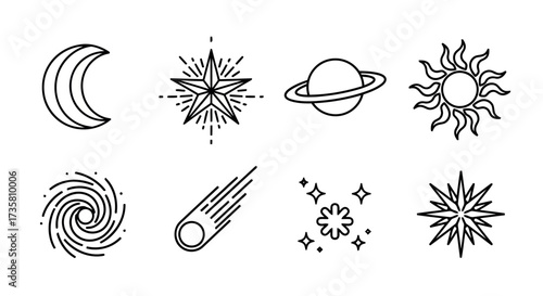Set of celestial line icons vector symbols of space objects minimalist design for astronomy and astr