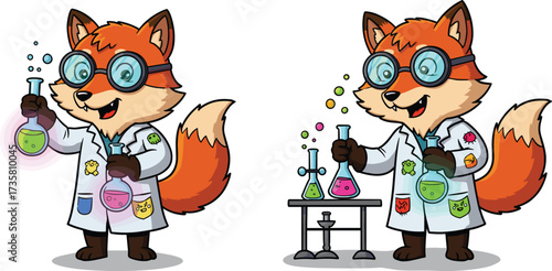 Cute cartoon fox scientist with glasses doing chemistry experiments, holding test tubes, colorful laboratory flasks, funny animal science illustration, education concept