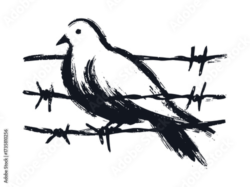 Bird on barbed wire grunge brush style black on white vector illustration