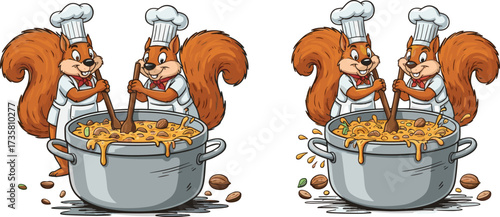 Cute cartoon squirrel chefs cooking together in big pot, funny animal kitchen illustration, happy cooking characters, food preparation, chef costume art
