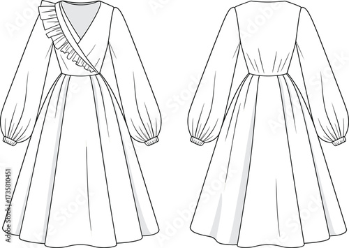 Elegant long sleeve dress fashion design, wrap style gown with ruffle detail, women clothing vector template, stylish apparel sketch illustration