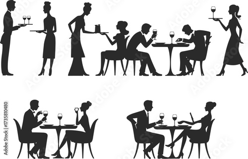 Elegant restaurant couple silhouettes with waiters serving drinks, romantic dinner date, fine dining people illustration, black and white vector art, lifestyle