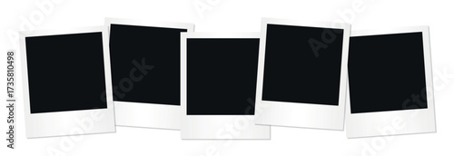 Set of five blank vintage instant photo frames with white borders stacked overlapping isolated on transparent background template for mockup memory nostalgia retro photography design presentation