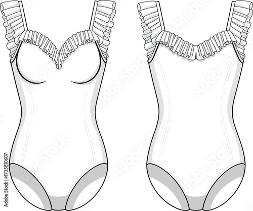 Fashion bodysuit template with ruffle straps, stylish women clothing design vector, elegant apparel illustration, modern garment sketch for fashion industry use