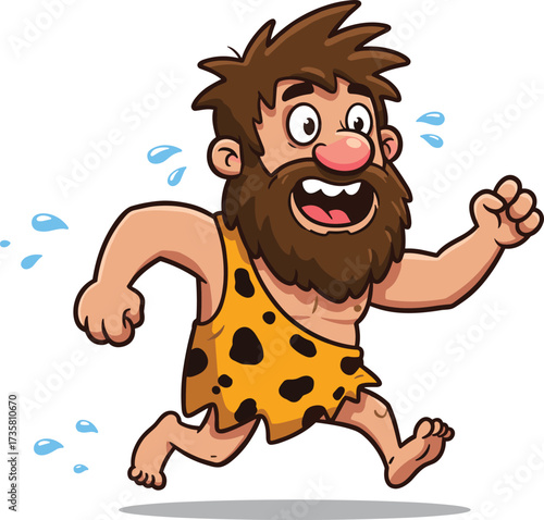 Funny cartoon caveman character, running prehistoric man, stone age illustration, wild bearded cave dweller, primitive human, comic character art design