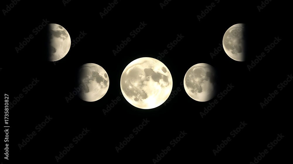 Obraz premium Five moon phases each depicting a unique scientific phenomenon artistically.